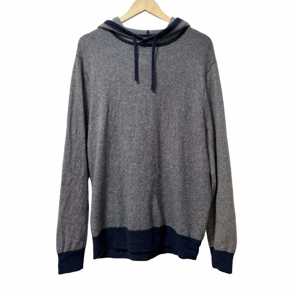 J Crew Mens Tipped Cashmere Hoodie Sweater Size XXL Navy Blue Birds-Eye Luxury